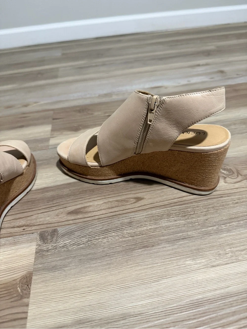 Lucky Brand Beige Leather Wedge Sandals